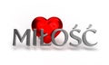 Silver valentine word love, miÃâoÃâºÃâ¡ in Polish on red hearts